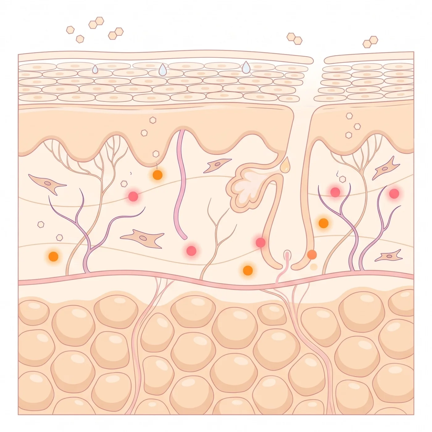 Corte transversal de la piel: epidermis, dermis, glándula sebácea, hipodermis y receptores cannabinoides